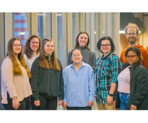 LT to RT: Sarah Runck, Adrienne Kuchler Eldridge (director), Bella Wizik, Ella Sutherland, Hannah Sackett (chaplain), Carson Vincent, Jasmyn Kendall, John Schwehn (chaplain). Not pictured: Grace Harrison (coordinator). 